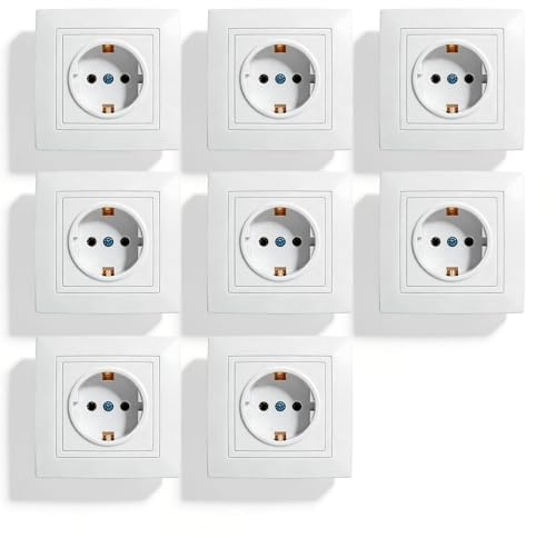 Enchufes empotrables 8 piezas, enchufe empotrable 1 compartimento, enchufe interior, IP20, 220–250 V, ignífugo, blanco, para sala de estar, cocina, oficina