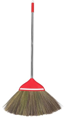 Miscanthus Handmade Broom with Plastic Handle, Red Indoor Sweeping | Wood Floors, Patios and House Cleaning, Lightweight Ergonomic Grip, Easy Storage, Gentle Surface Protection
