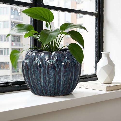 Hometopia Keramik Blumentopf Ø24 cm x H 18cm, Blau Deko Pflanztopf | Blumentöpfe Außen mit Drainagelöchern Gummistopfen, Modern Verlaufsglasur übertopf für Wohnzimmer Terrasse Balkon
