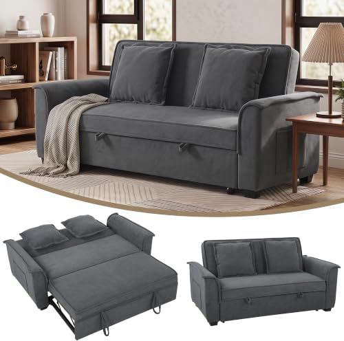 HOMCOM Schlafsofa 3-in-1 Ausziehbar 2-Sitzer Sofa 135 x 181cm Dunkelgrau | Schlafcouch mit Schlaffunktion, Verstellbare Rückenlehne, Seitentaschen, Wurfkissen, Chenille-Optik, Wohnzimmer