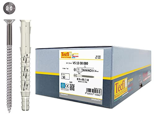 TECFI Handyplug® 50 Tasselli UNIVERSALI prolungati in Nylon Ø8 x 80 mm, con Vite in Acciaio INOX A4 - Utilizzo su tutte le murature