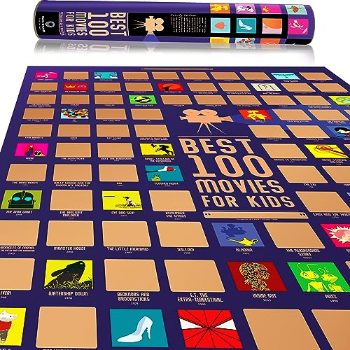 Travel Revealer 100 Kids Movies Scratch Off Poster Top Family Films of All Time Bucket Liste. Filmposter zum Rubbeln. 43,2 x 61 cm, minimalistisches, modernes Gold-Filmposter.