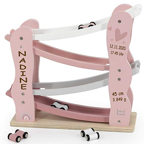 Autobahn Kugelbahn aus Holz rosa personalisierbar mit Name und Geburtsdaten Baby Geschenk mit Gravur