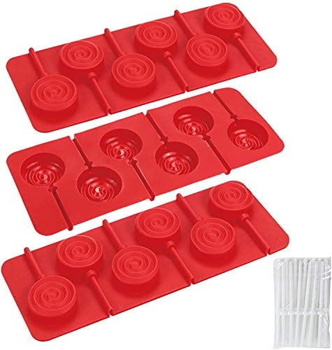 Webake Moule Sucette Chocolat en Silicone Lot de 3 Moules Chocolat Rond Avec 18 Bâtonnets Pour Bonbons, Sucettes, Gâteaux, Gelée, Chocolats, Glace