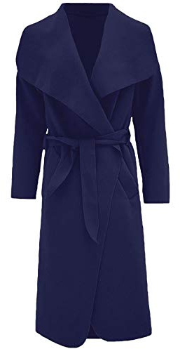 FAIRY TRENDZ LTD Womens Ladies Italian Trench Long Coat Waterfall Duster Cape Belted Cardigan Winter Wear Jacket Wrap Coat Navy UK 12-14