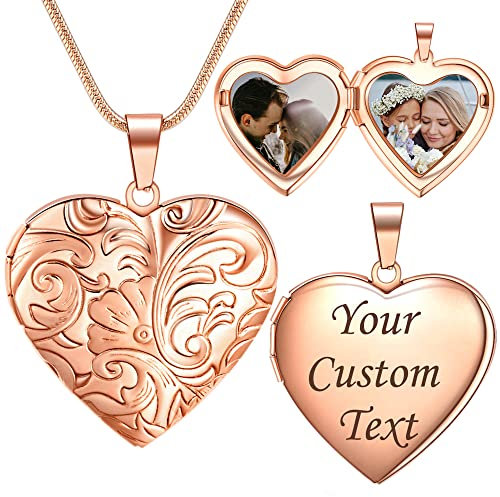 Farfume Personalisierte Foto-Medaillon-Halskette – Herz Medaillon mit Gravur Text und 2 Zwei Fotos – Kette mit Bild (Daisy-Rose Golden)