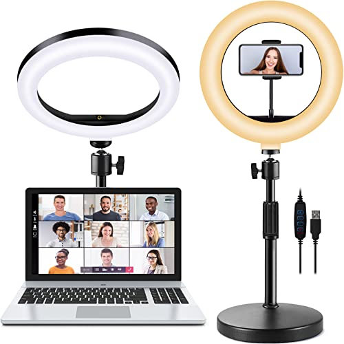 Selfie Ring Light with Stand and Phone Holder, 10'' Dimmable Desktop LED Circle for Laptop,Computer, Lighting Kit Gifts Live Streaming/Laptop Video Conference/Chat/Makeup/YouTube/Tiktok/Vlog