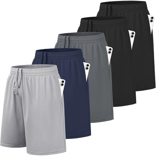 BALENNZ 5 Pack Boys Athletic Shorts Kids Youth Quick Dry Active Performance Basketball Shorts with Pockets Elastic Waistband Large
