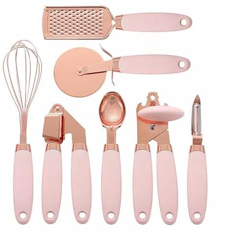 7 Piece Rose Gold Kitchen Utensil Set Easy to Clean Stainless Steel Cooking Tools Hanging Hooks for Storage Soft Touch Handles Heat Resistant Non-Stick Pink