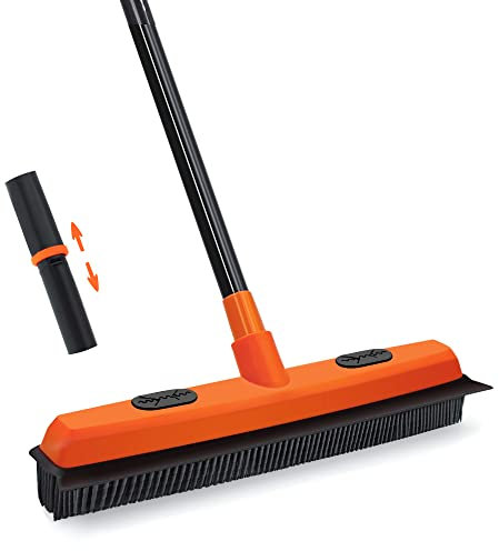 JEHONN Rubber Broom Carpet Brush Rake for Pet Dog Hair Remover, 138CM 2 in 1 Telescopic Long Handle Floor Brush with Squeegee, Soft Sweeping Brush Indoor, Black and Orange, Standard