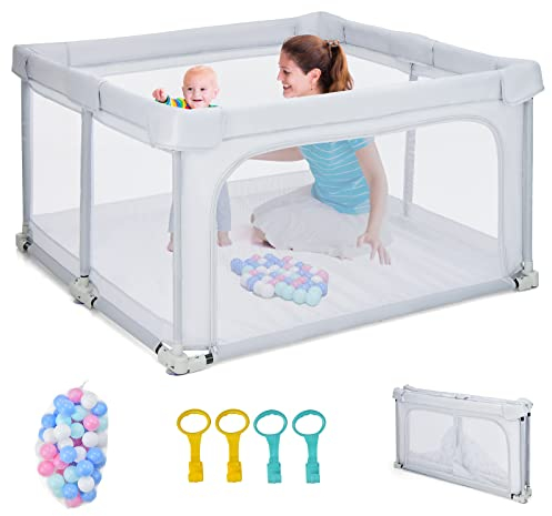 COSTWAY 124 x 124cm Baby Laufstall klappbar, tragbarer Laufgitter mit 50 Bälle, 4 Griffe, Verriegelungsfunktion, Krabbelgitter mit Netzwänden & Tür, Laufgitterzelt für Säuglinge & Kinder (Hellgrau)