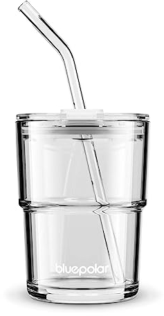 BLUEPOLAR Wasserbecher aus Glas mit Strohhalm und Deckel, versiegeltes Handgepäck, dickwandige Eiskaffeetasse, Glasbecher für Wasser, Eistee, Fruchtsaft usw. (Aurora-Weiß), 400 ml