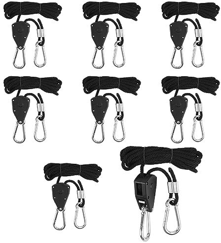 LALAGO 8 Stück Ratchet Hanger,Einstellbare Seil Seilhaken Ratsche Seilratsche 2M,1/8 Zoll Seilaufhänger Seilzugratsche Ratschenseil für Pflanzenventilator Licht Zimmerpflanzen