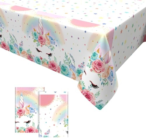 2PCS Einhorn Tischdecke,Einhorn Regenbogen Party Tischtuch Geburtstag Mädchen Rosa Tischdecke Wasserdicht Plastik Tischdecke für Kinder Babyparty Party Dekorationen 137 x 274cm