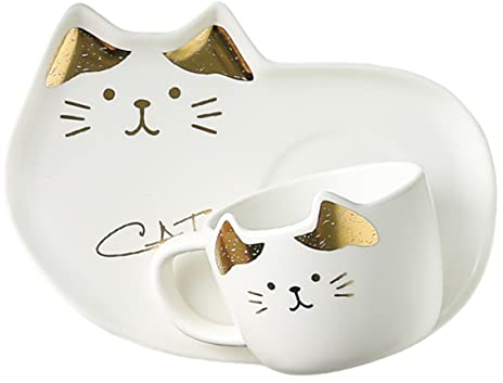 BRIGHTFUFU Set Cat Coffee Cute Ceramic Kitten Mug with Tea Cup Ideal for Coffee Juice Milk Korean Style Drinkware for Students