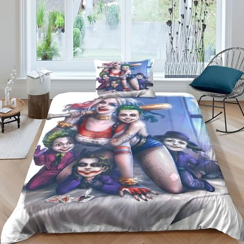 BYTUGI Harley Quinn & Joker Für Kinder Mädchen Jungen Bettbezug Set Bettwäschegarnitur 3D Gedruckter Und Kissenbezüge Bettwäsche Weich Microfaser Reissverschluss 2 Teilig Single(135x200cm)