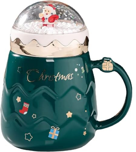 FülleMore Süße Weihnachtstasse Keramik Kaffeetasse mit Deckel und Griff Teetasse 500ml Milchbecher Geschenk 3D Weihnachtsmann Weihnachtsbecher für Heiß- & Kaltgetränke (Grün)