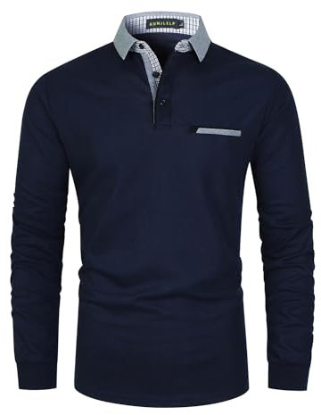 KUNJLELP Herren Poloshirt Basic Langarm aus Reiner Baumwolle Casual Polohemd Slim Fit Kontrastfarbe Golf T-Shirt,Blau 02,M