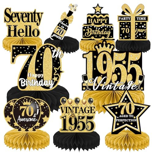 Luvart 70th Birthday Decorations-Black and Gold Table Decorations for Birthday Party 9pcs 70th Birthday Decorations for Men Women Honeycomb Center Decor with Vintage 70 Birthday Party Supplies