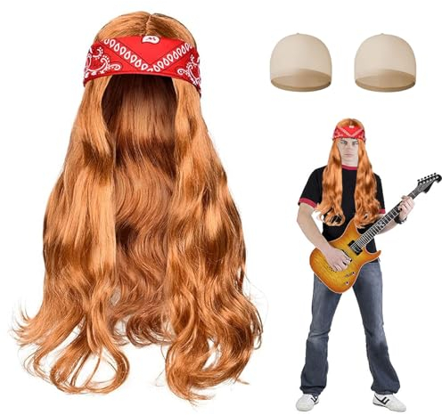 Forhome Rocker Punker Kostüm Zubehör 90er Jahre Rocker Kit Mit Perücke Wig Cap Und Bandanas Für Herren Disco Rockstar Locken Perücke 80er 90er Jahre Jahre Accessoires Für Punk Rocker Party Cosplay
