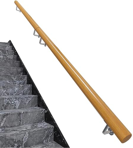 Runder Treppenhandlauf,Rutschfestes Handläuf Wandhandlauf Wand Treppe,Edelstahl Haltebügel Handlauf für ältere Menschen Und Kinder aus Natürlichem Massivholz Buche Lackiert(Size:3.28ft/100cm)
