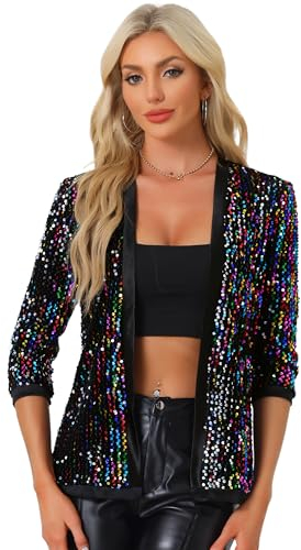 Allegra K Damen Pailletten Cardigan 3/4 Ärmel Open Front Samt Sparkle Jacke Party Glitzer Blazer, Regenbogen, Medium