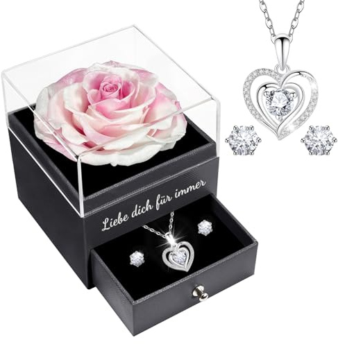 Sunia Echte Rose mit Herz Halskette und Ohrringen aus 925 Sterlingsilber, ewige Geschenke für Frauen, Freundin, Mama und Oma, Infinity Rose zum Geburtstag, Weihnachten und Valentinstag