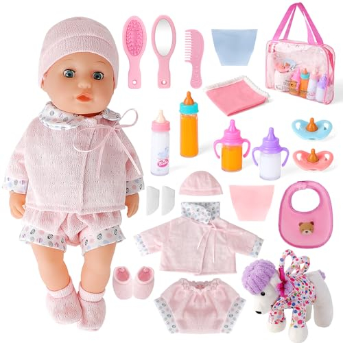deAO 20 Teiliges Baby Puppen Zubehörset, Puppenkleidung Babypuppe Fütterungsset mit Magische Flasche Schnuller, Rosa Bekleidungs-Set für New Born Baby Doll Puppen 36 cm, Puppe Nicht Enthalten