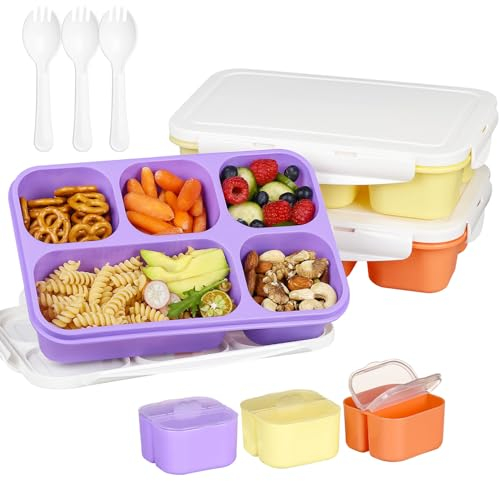Greentainer Saladier avec récipient à vinaigrette, boîte à bento réutilisable en polypropylène, 3 boîtes à repas avec 5 compartiments, boîte à lunch hermétique pour enfants et adultes, passe au