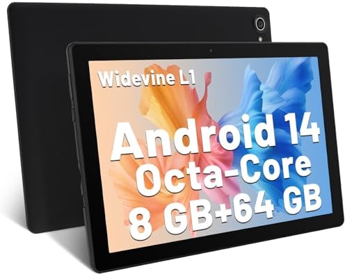 Tablet 10 Zoll Android 14 Octa-Core 8 GB RAM 64 GB ROM (1 TB TF) 1280x800 IPS Touchscreen GMS-zertifizierter Tablet-PC 2,4 GHz / 5 GHz WiFi Bluetooth 5,3 Widevine L1 Dual-Kamera-Lautsprecher (Schwarz)
