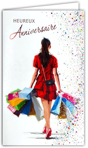 Afie 15-6499 Carte Porte-Billet avec Enveloppe Heureux Anniversaire pour Femme Fille Belle Jolie élégante Chic qui aime faire du Shopping Sac à main Robe Rouge Talons - Fabriqué en Europe
