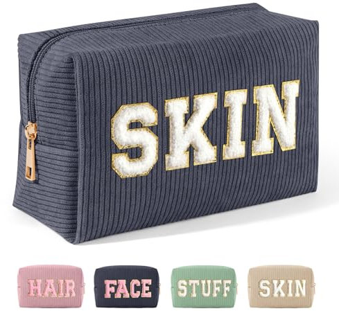 MAGEFY Chenille Letter Kleine Make up Tasche Cord Kosmetiktasche mit Innentasche Reise Schminktasche Kosmetiktasche Klein für Handtasche Damen, Schwarz-Skin