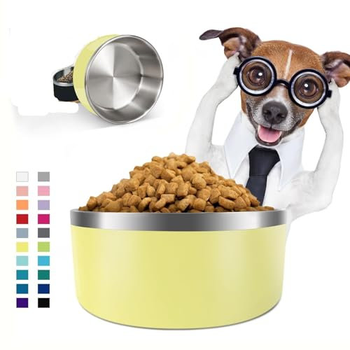 Dog Bowl for Food and Water, 64 Oz Stainless Steel Pet Feeding Bowl, Durable Non-Skid Insulated Heavy Duty with Rubber Bottom for Medium Large Sized Dogs (64 Ounces/8 Cup, Yellow)(Yellow,40 Ounces)