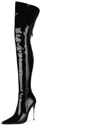 MANYUBEI Stivali sopra Il Ginocchio da Donna Stivali Lunghi in Pelle Verniciata con Tacco Alto A Spillo Cerniera Posteriore Stivali Lunghi A Punta, 12 Cm/4,72 Pollici, 40 EU,Black