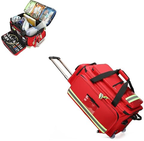 Rollende medizinische Tasche mit abnehmbarem Trolley, medizinischer Notfallrucksack, große Kapazität Responder Trauma Tasche mit Fächern, für Home Health Krankenschwestern, Ärzte, EMT, EMS(Red)