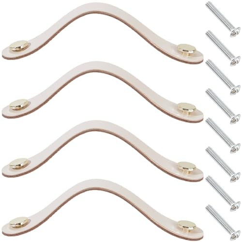 GORGECRAFT 4 Packung 16.8cm Lange Leder Schubladengriffe Schrankgriffe Weiche Küchen Kleiderschrank Türknöpfe Echtes Leder Dekorative Kommodengriffe Mit Schraube Für Möbelschränke (Weißer Rauch)