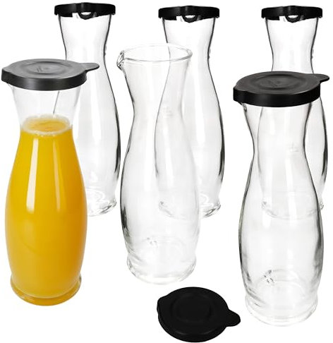 MamboCat 6er Set MIA MISURA Wein-Karaffe mit schwarzem Kunststoff-Deckel I 1 Liter, geeicht I Glas-Krug mit Ausgießtülle für Wein, Wasser, Saft, Milch & Co.