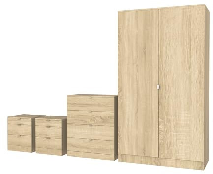 Nera 4 Piece Bedroom Furniture Set Wardrobe Chest of Drawers Bedside Table Set Bedroom Furniture Sets for Storage (Sonoma Oak)