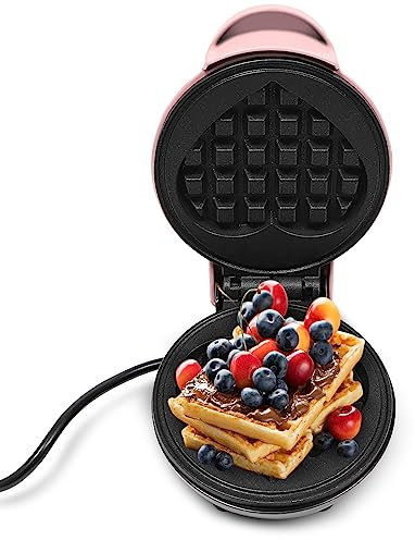 TONFEION Waffeleisen für klassische Herzwaffeln, 350W Klein Waffeleisen mit Antihaft-Beschichtung für Haushalt & Camping (Rosa)