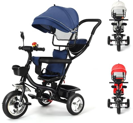 OHMG Dreirad für Babys, skalierbar bis 25 kg, Laufrad für ältere Kinder, wendbarer Sitz, großer Korb, Gehstock und Sonnenblende, faltbar, Fahrrad, Zubehör