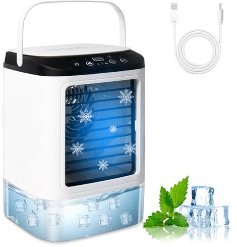 Bwaliffury Aire Acondicionado Portatil, Mini Aire Acondicionado 4 en 1, Enfriador de Aire Portatil 900ML,3 Velocidades & 2 Nebulizacións,12W Climatizador Portatil Evaporativo para Dormitorio, Oficina