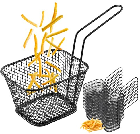 Pommes Körbchen, 12 Stück Frittierkorb Klein Schwarz Servierkörbchen Edelstahl für Pommes, Mini Pommeskörbchen, Frittierkorb mit Griff, Servierkörbchen für Pommes Frites Garnelen Zwiebelringen
