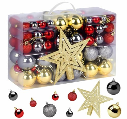 108-teiliges Weihnachtsdeko Set mit Gold, Rot & Grau | Moderner Weihnachtsbaumschmuck mit Christbaumkugeln Gold & Rot (Ø 3/4/6 cm) inkl. Stern – Elegante Christmas Decorations