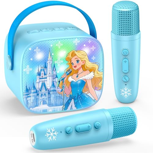 Braxel Microfono Karaoke per Bambini 3-12 Anni con 2 Microfoni, Bluetooth, Luci LED, Effetti Vocale - Giocattolo Musicale, Regalo Natale Ideale per Bambini (Tema Castello Frozen, Azzurro)