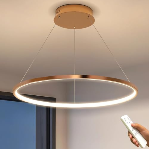 J.SUNUN Suspension led moderne 1-Anneaux Dimmable Lustre de Plafond Cercle intérieur Luminaires et Éclairage Suspendu Lampe pour Salon Chambre à coucher Cuisine Restaurant Table(Rose gold,60CM)