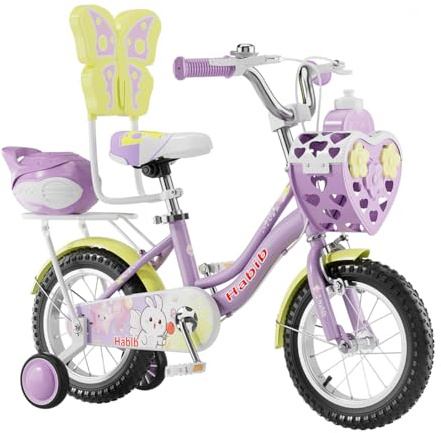 Habib Gruppe Mädchenfahrrad Prinzessin-Edition 12 Zoll | Komplettset mit Korb, Trinkflasche, Schutz-Set & Pumpe | Kinderfahrrad mit Stützrädern & Dual-Bremssystem für Mädchen 3-8 Jahre - (Lila)
