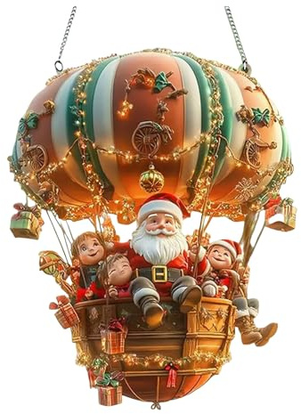 Weihnachtsdeko Hängend mit Weihnachtsmann-Heißluftballon, 2D-Acryl-Ornament Sonnenfänger Weihnachten, Weihnachtsmann im Ballon, Weihnachtsdeko für Garten, Hof, Fensterbank Dekoration (A-20cm)