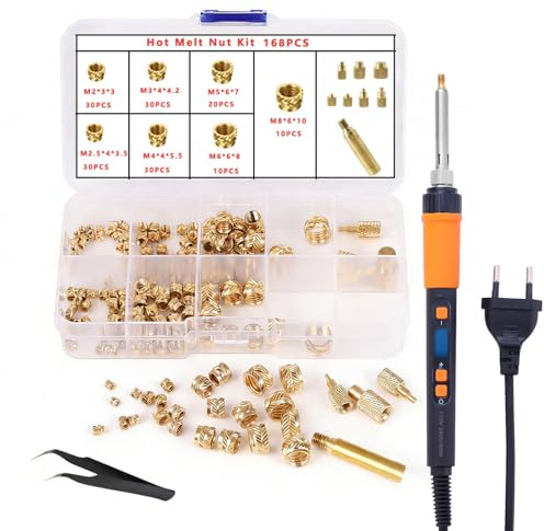 168 Stück Gewindeeinsätze Set für 3D Druck, M2-M8 Gewindeeinsätze | Gewindeeinsätze mit 90W Lötkolben & 6 Lötspitzen, Heat Set Insert Zubehör (M2 M2.5 M3 M4 M5 M6 M8)