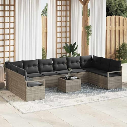 Tonture Gartensofa-Set 11-teilig Hellgrau Poly Rattan, Modulares Outdoor Lounge Set mit Kissen, Höhenverstellbarer Tisch, UV-beständig, Wetterfest für Terrasse, Balkon