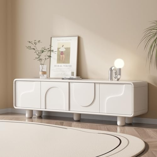 FURTOGUYI Cream TV Stand Unit, Modern Low Media Console with Storage, Gloss White TV Cabinet for Living Room, Rounded Edge Design, Sturdy Legs, Cable Management
